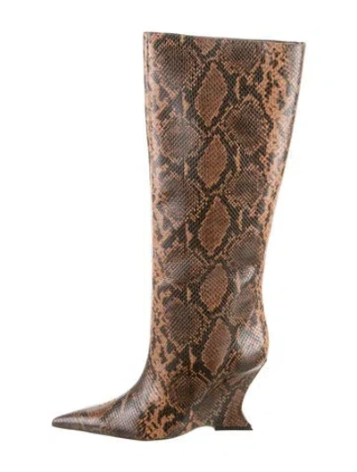 Pre-owned Schutz Embossed Leather Animal Print Boots W/ Tags In Brown