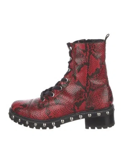 Pre-owned Schutz Embossed Leather Animal Print Combat Boots In Red