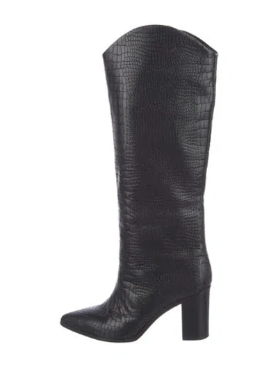 Pre-owned Schutz Embossed Leather Animal Print Riding Boots In Black