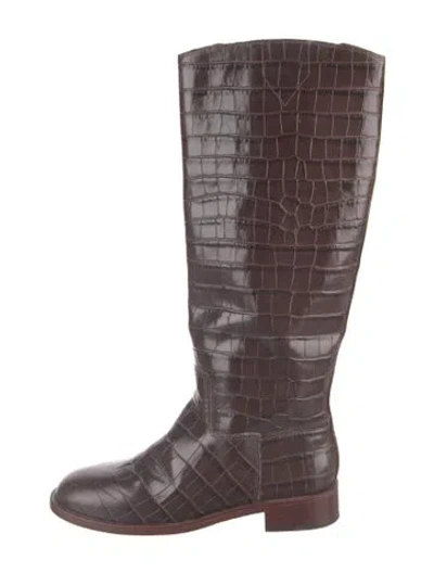 Pre-owned Schutz Embossed Leather Animal Print Riding Boots In Brown