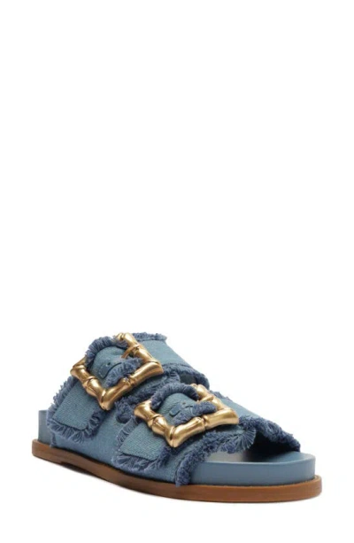 Schutz Enola Frayed Dual-buckle Slide Sandals In Azul Summer Jeans