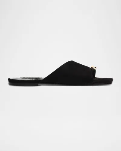 Schutz Jodies Golden Toe-post Suede Flat Sandals In Black