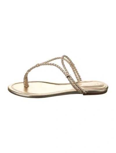 Pre-owned Schutz Leather Braided Accents T-strap Sandals In Gold