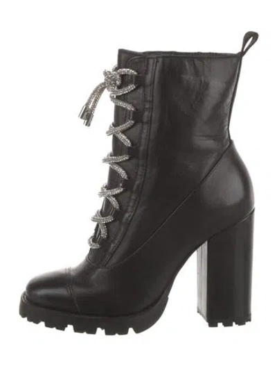 Pre-owned Schutz Leather Crystal Embellishments Lace-up Boots In Black