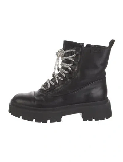 Pre-owned Schutz Leather Crystal Embellishments Lace-up Boots In Black