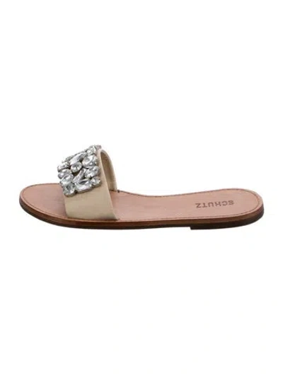Pre-owned Schutz Leather Crystal Embellishments Slides In Neutrals