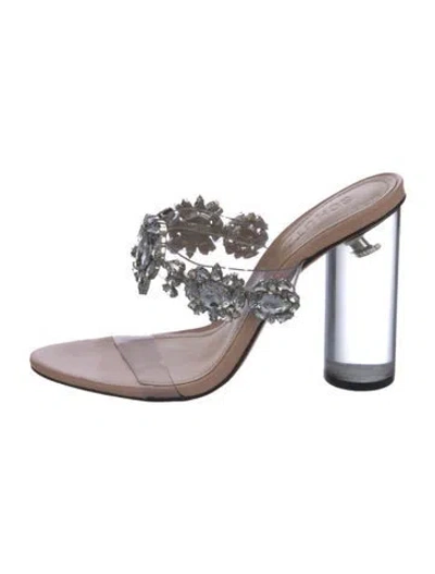 Pre-owned Schutz Leather Crystal Embellishments Slides In Silver