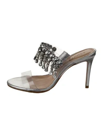 Pre-owned Schutz Leather Crystal Embellishments Slides In Silver