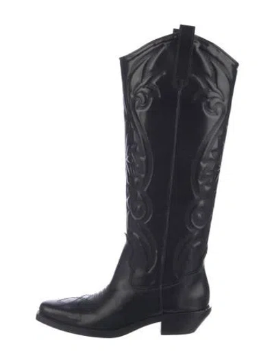 Pre-owned Schutz Leather Embroidered Accent Western Boots In Black