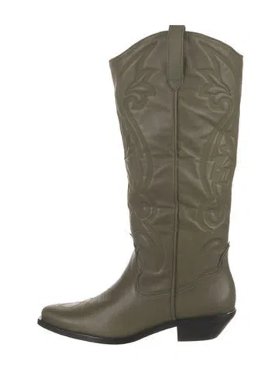 Pre-owned Schutz Leather Embroidered Accent Western Boots In Green