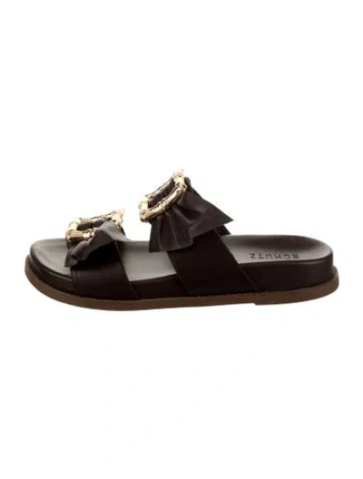 Pre-owned Schutz Leather Ruffle Embellishment Slides W/ Tags In Brown