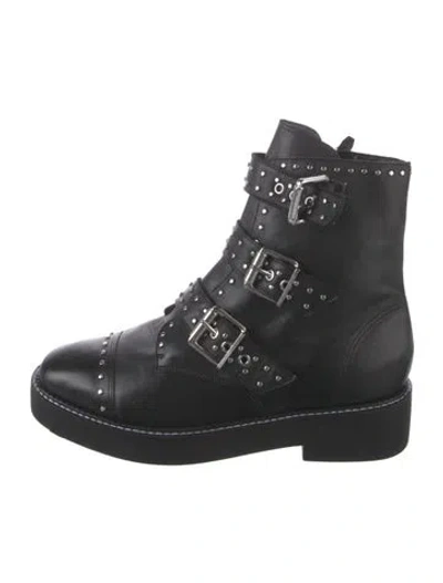 Pre-owned Schutz Leather Studded Accents Moto Boots In Black