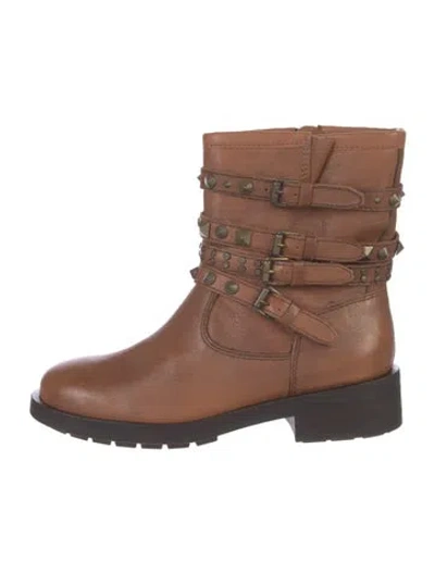 Pre-owned Schutz Leather Studded Accents Moto Boots In Brown