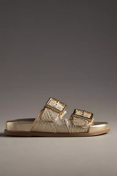 Schutz Lupita Metallic Buckle Slide Sandals In Beige