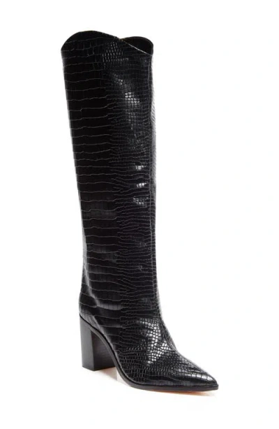 Schutz Maryana Pointed Toe Block Heel Knee High Boot In Black/black Snake Embossed