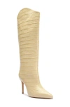 Schutz Maryana Lo Almond Buff Croc-embossed Leather Knee-high High Heel Boots In Beige