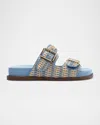 Schutz Naomi Sporty Beige And Sky Blue Woven Buckle Slide Sandals In Blue