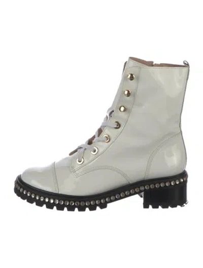 Pre-owned Schutz Patent Leather Crystal Embellishments Combat Boots In Neutral