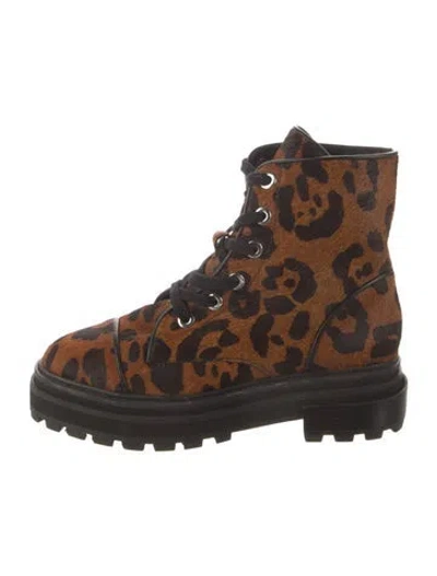 Pre-owned Schutz Ponyhair Animal Print Combat Boots In Brown