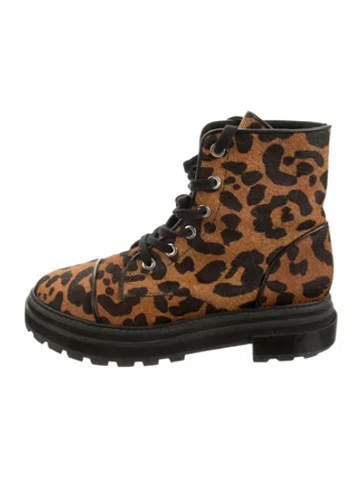 Pre-owned Schutz Ponyhair Animal Print Combat Boots In Brown