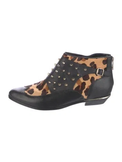 Pre-owned Schutz Ponyhair Animal Print Moto Boots In Black