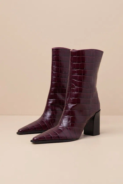 Schutz Raffaela Merlot Wine Leather Croc-embossed Ankle Boots In Red