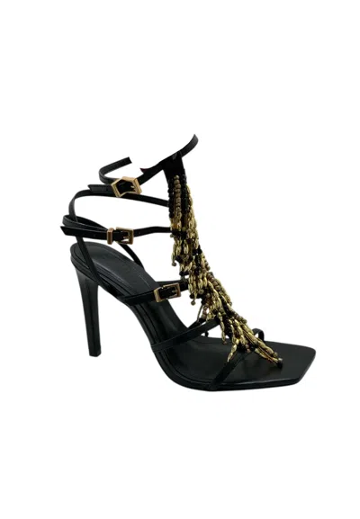 Schutz Sandal Black Heel 10cm Woman  With Gold Accessory In Animal Print