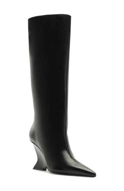Schutz Siena Pointed Toe Knee High Wedge Boot In Black Patent