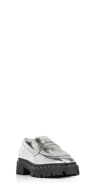 SCHUTZ WOMEN'S CHRISTIE STUDS CRACKLED LEATHER LOAFER IN SILVER