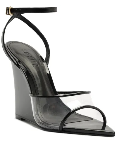 Schutz Women's Elodie Vinyl Pointed Toe Wedge Sandals In Transparent,black