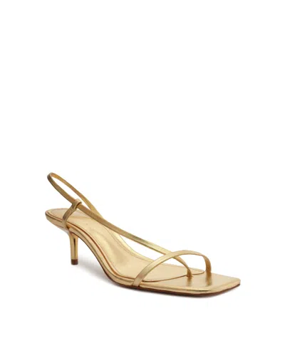 Schutz Heloise Metallic Nappa Kitten Heel Sandals In Ouro Claro Orch, Women's At Urban Outfitters