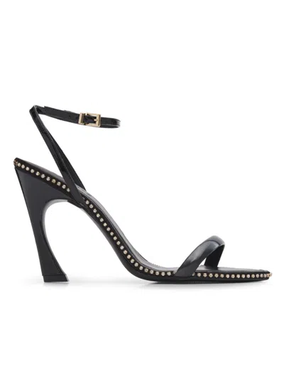 Schutz Lexi 100mm Crystal-trim Patent Leather Sandals In Black
