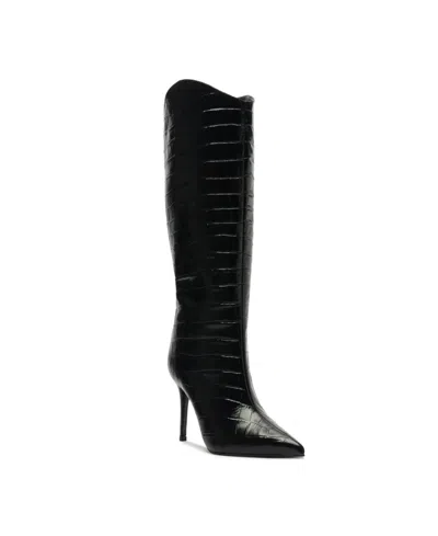 SCHUTZ WOMEN'S MARYANA CROCODILE EMBOSSED WIDE LEG KNEE HIGH STILETTO LEATHER BOOTS