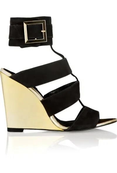 Schutz Women Metallic Shine Suede Leather Wedge Sandals In Black & Gold In Multi