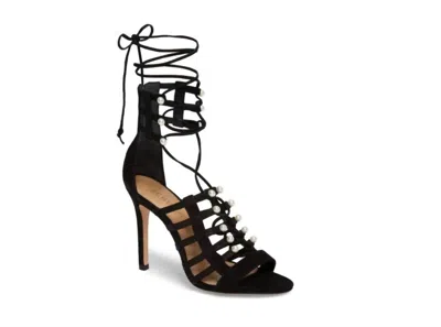 Schutz Women Pearls Open Toe Caged Suede Leather Lace Up Stiletto Heels In Black