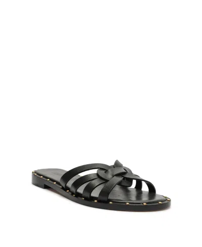 Schutz Phoenix Studded Leather Flat Sandals In Black