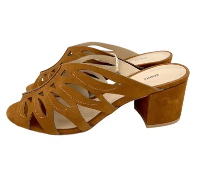 Schutz Women's Suede Leather Open Toe Mules Laser Cut Sandals In Brown
