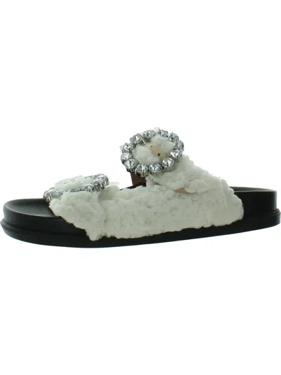 Schutz Womens Faux Fur Rhinestone Slide Sandals In White