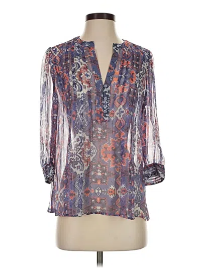 Pre-owned Scoop 3/4 Sleeve Silk Top Purple Plunge Neckline Tops
