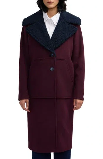 Scotch & Soda Alida Faux Shearling Collar Overcoat In Burgundy