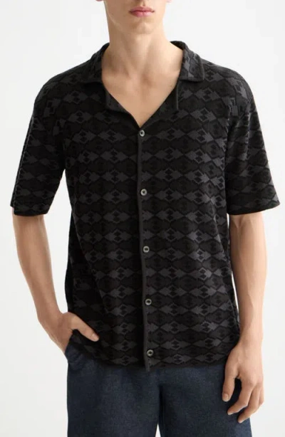 Scotch & Soda Argyle Knit Camp Shirt In Black