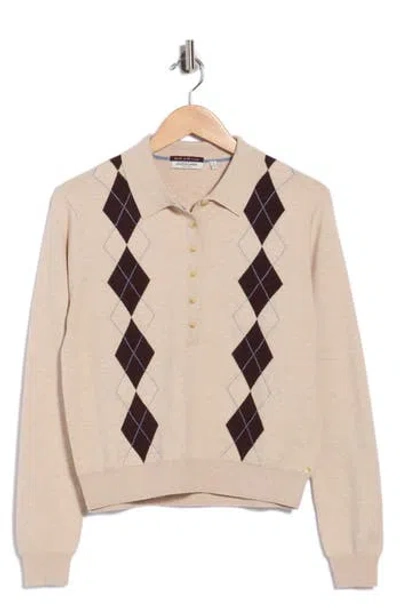Scotch & Soda Argyle Polo Sweater In Oatmeal Heather Seal Brown