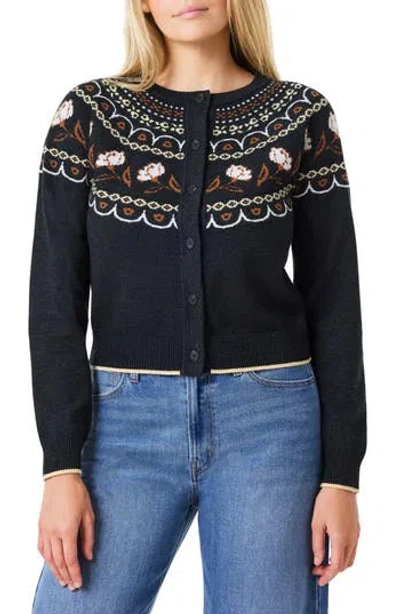 Scotch & Soda Border Detail Crewneck Cardigan In Charcoal Grey/ Sugar Swizzle