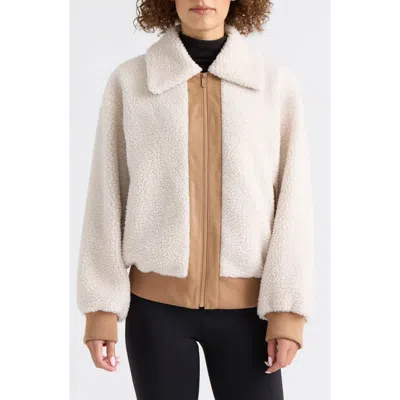 Scotch & Soda Bova Mixed Media High Pile Fleece Bomber Jacket In Neutral