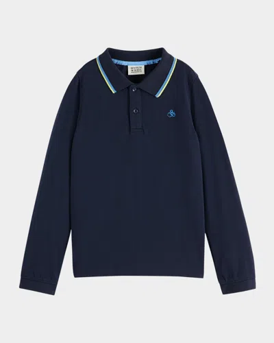 Scotch & Soda Kids' Boy's Cotton Piqué Long-sleeve Polo Shirt In Blue