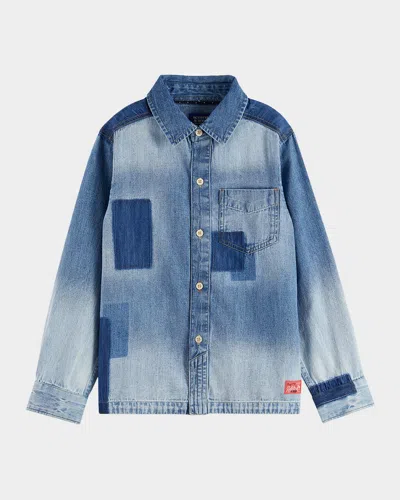 Scotch & Soda Kids' Boy's Washed Denim Patchwork Shirt In Blue
