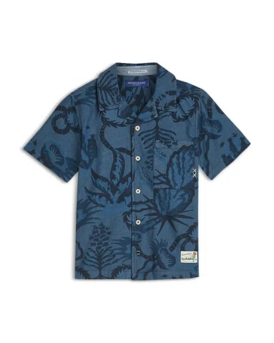 Scotch & Soda Boys' Allover Print Chambray Short Sleeved Shirt - Big Kid In Blue