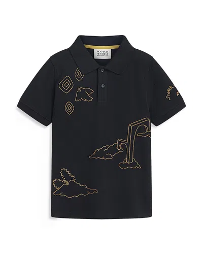 Scotch & Soda Boys' Embroidered Artwork Pique Polo - Little Kid, Big Kid In Black