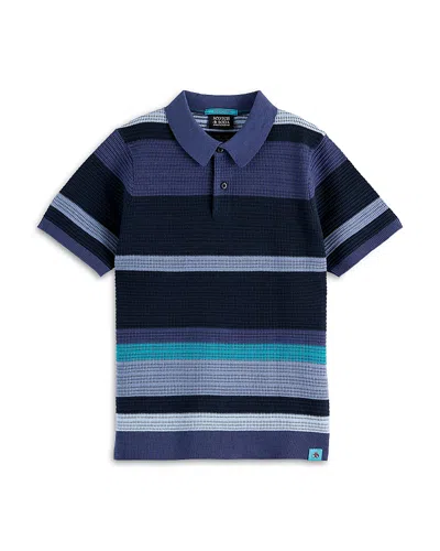 Scotch & Soda Boys' Structured Knitted Striped Polo - Big Kid In Blue