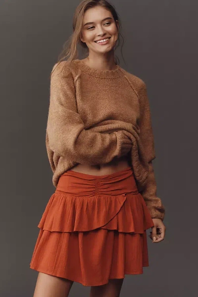 Scotch & Soda Crinkle Gauze Tiered Mini Skirt In Brown
